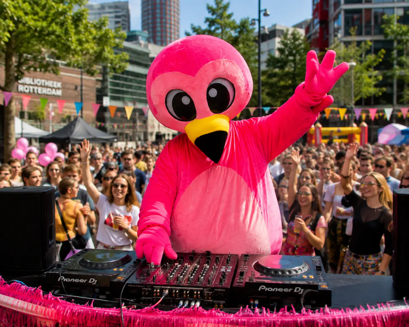 Flami zwaait naar het publiek tijdens een buitenfestival in Rotterdam