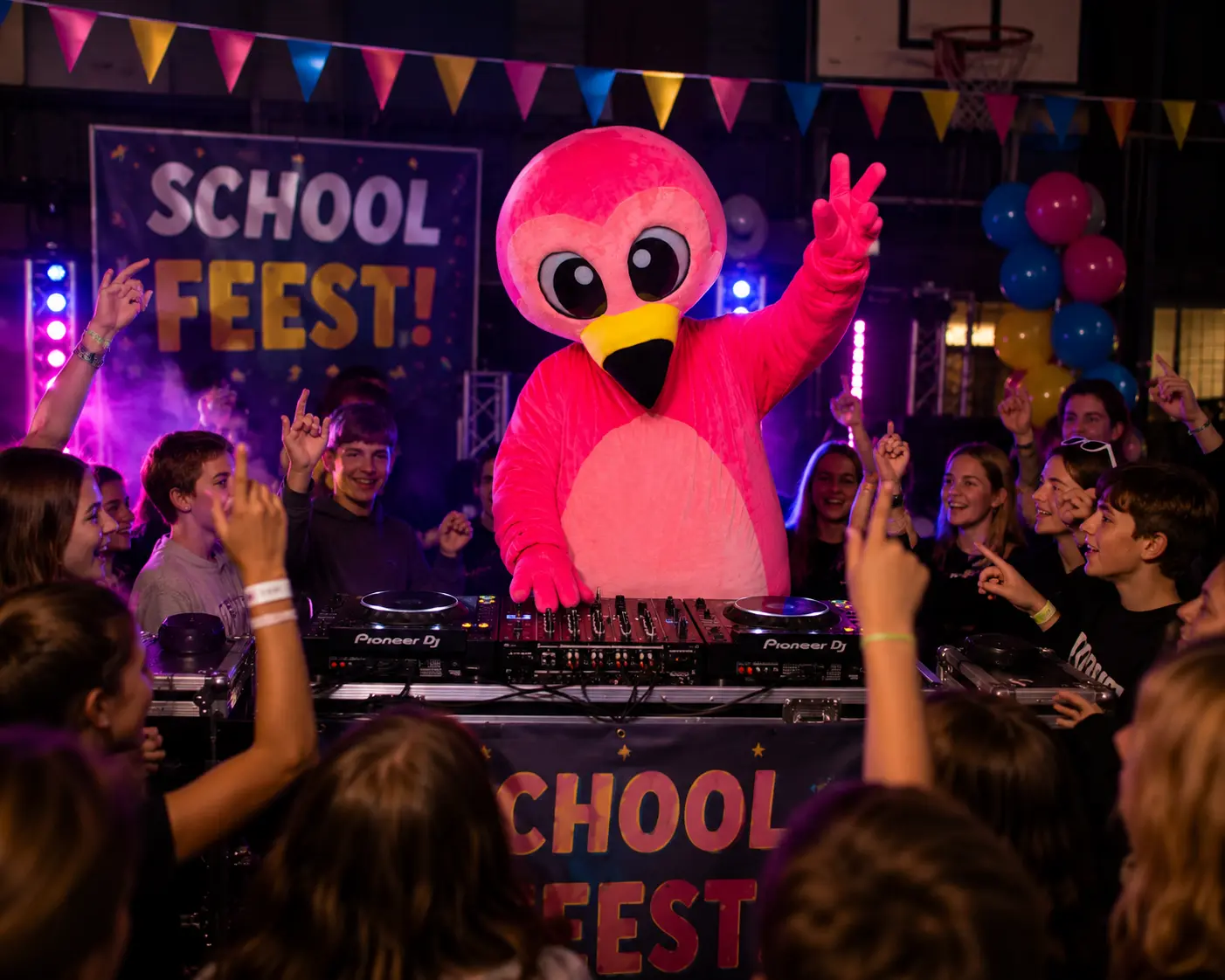 Flami draait muziek op een schoolfeest terwijl kinderen juichen