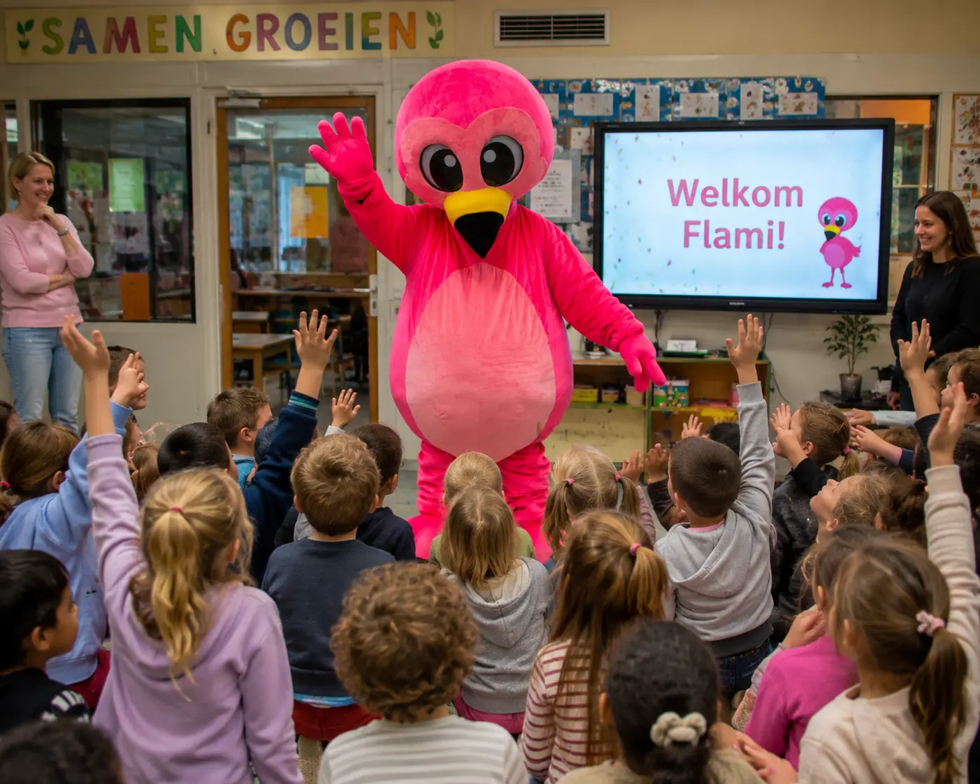 Flami zwaait naar een klas vol kinderen die hun handen in de lucht steken